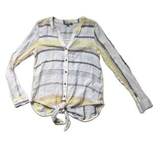 Marled Essentials Linen Cotton Striped Tie Front Shirt Yellow Gray Womens S EUC